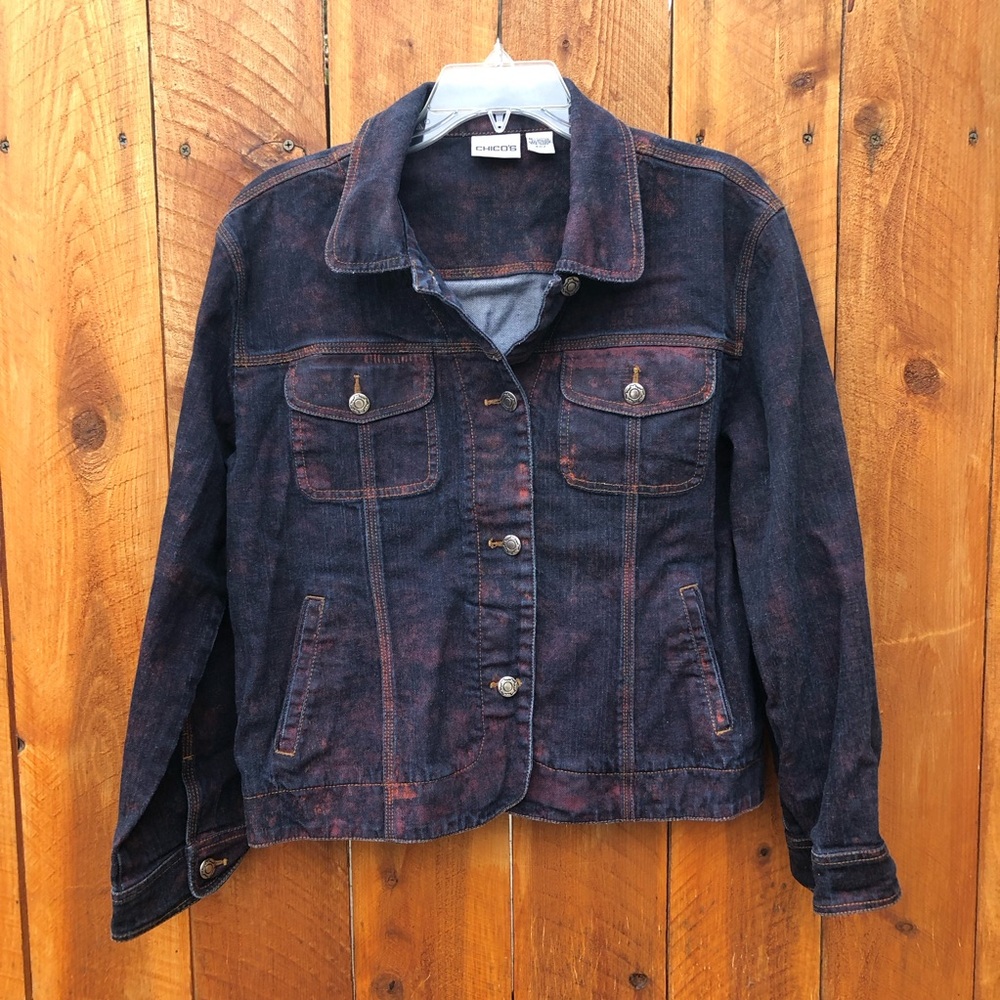 Chico’s Denim Dark Blue & Rust Red Stone Wash Jacket - Size 2 large
